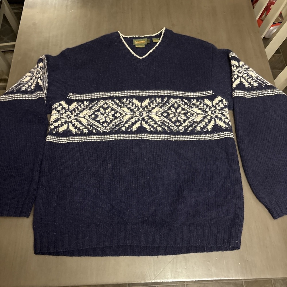Timberland Weathergear 100% Wool‎ Sweater Mens Size L Blue V Neck Hand Knit